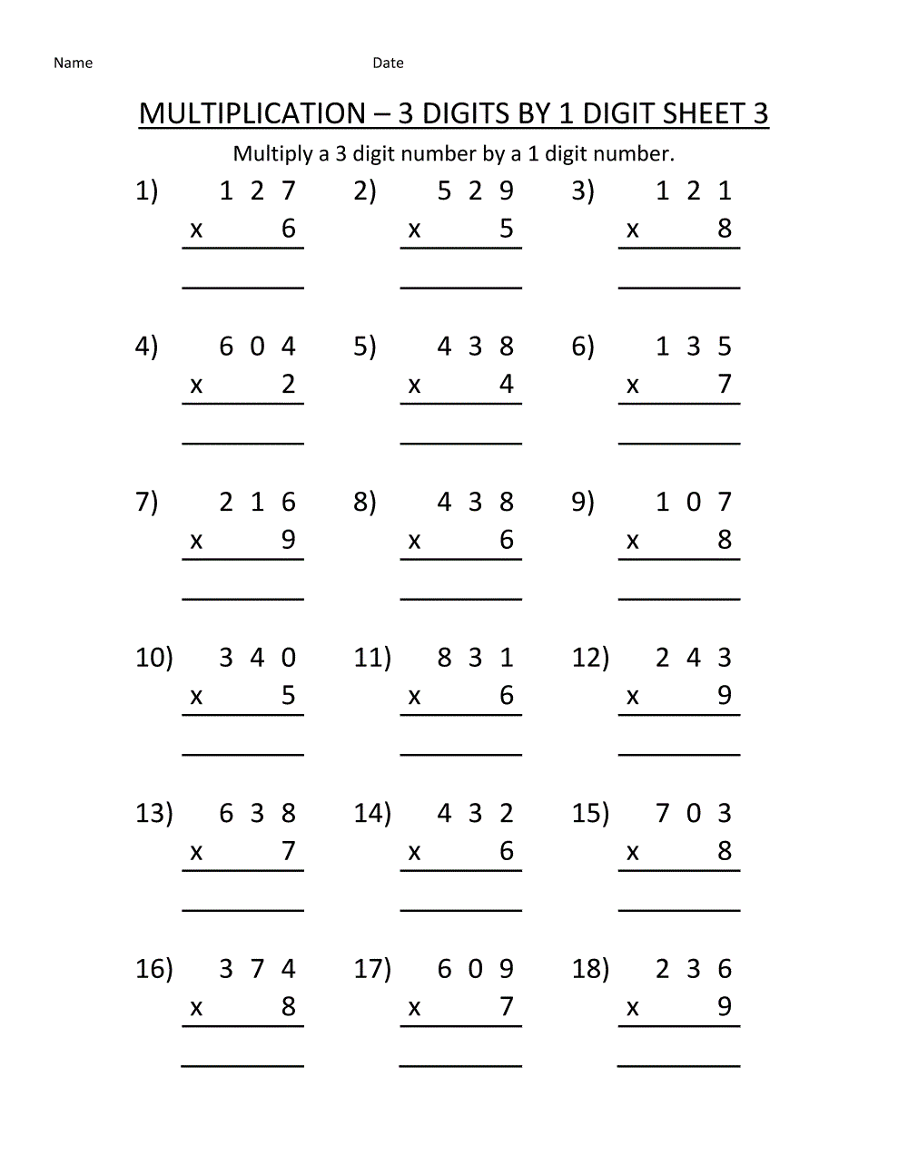 Printable Multiplication Worksheets 4th Grade