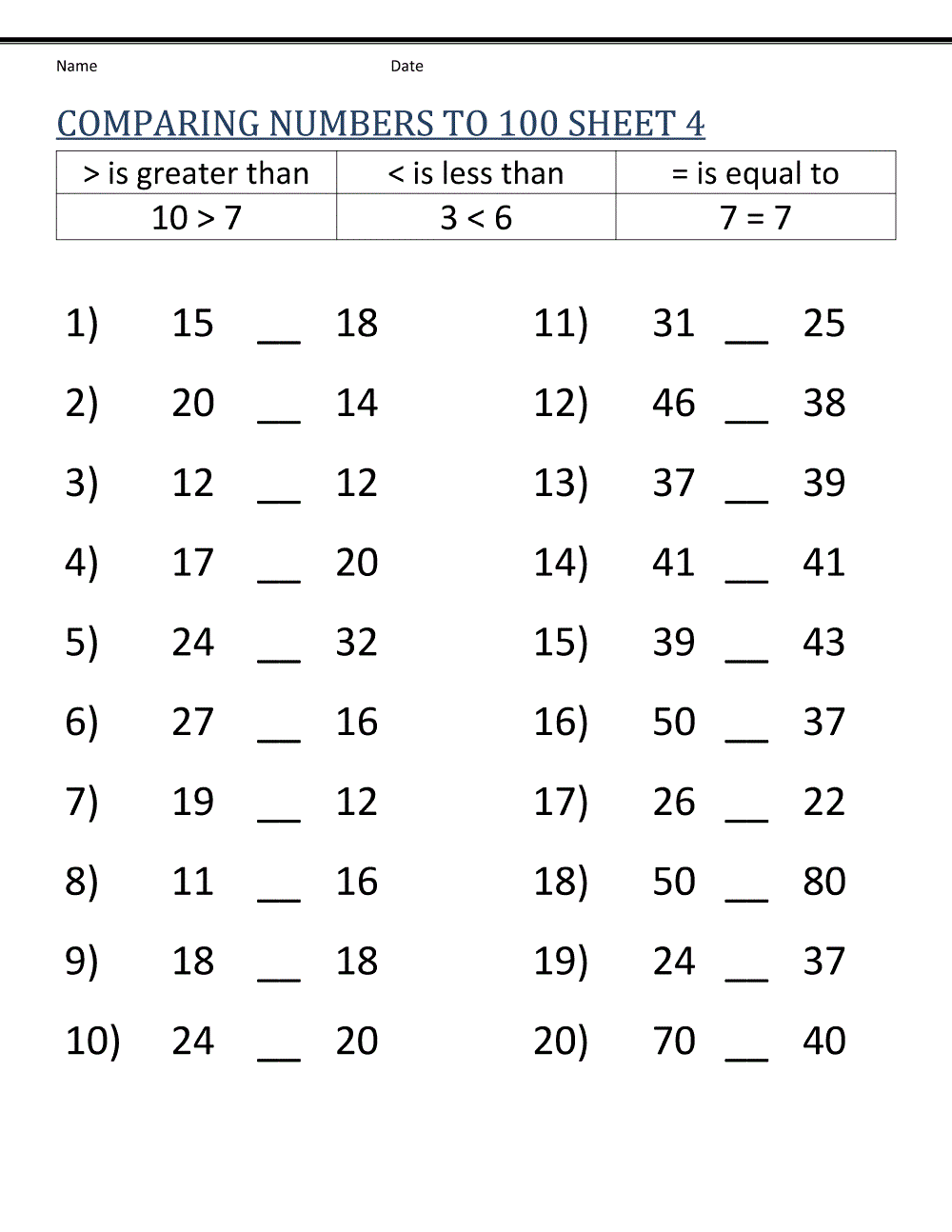 Worksheets for Grade 1 Comparing