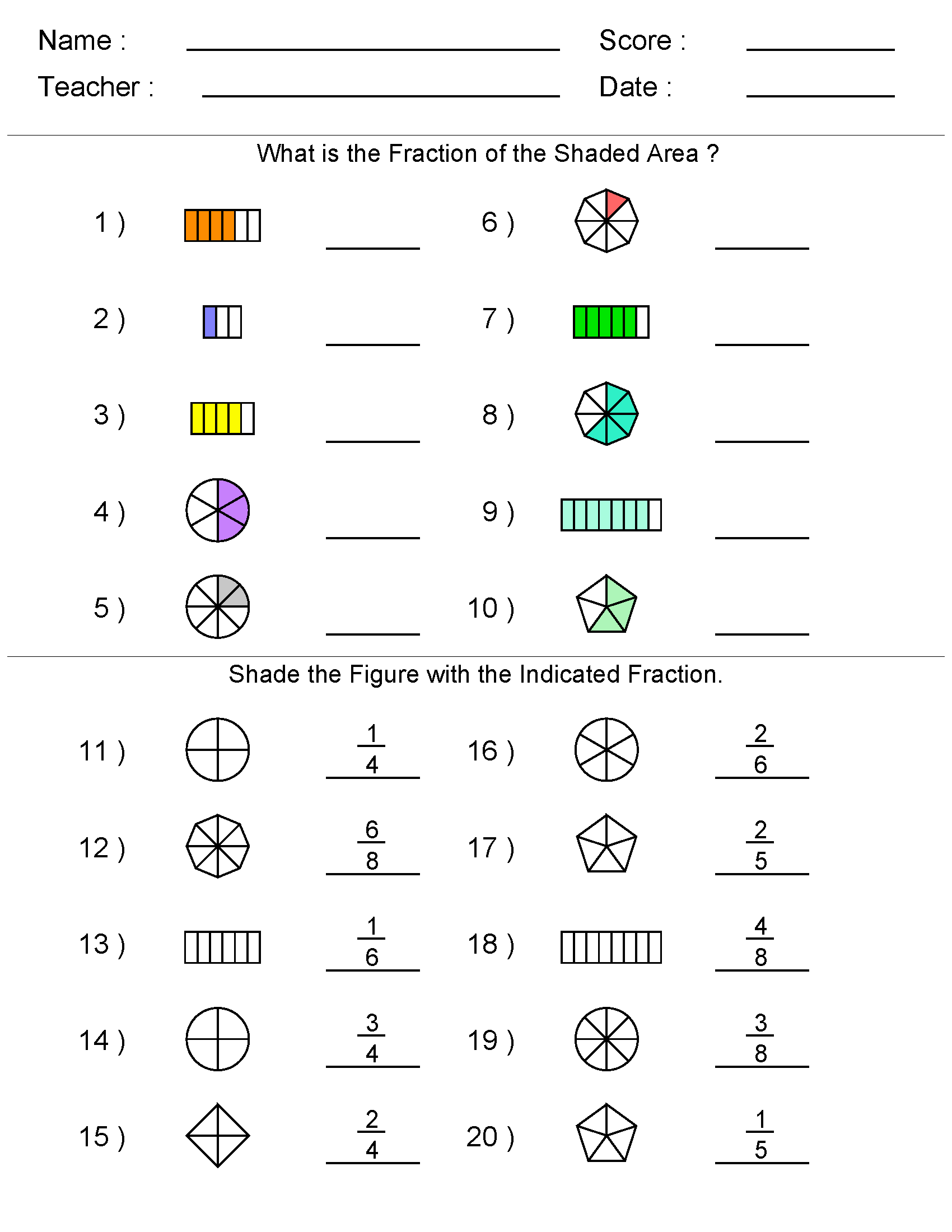 Fractions worksheets indicated