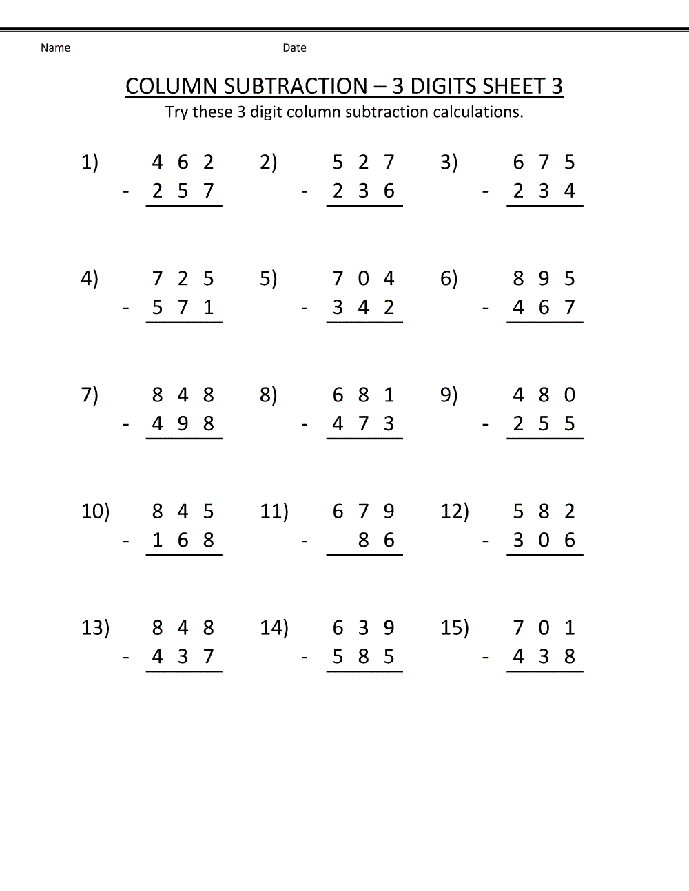 Subtraction worksheets 3 digits