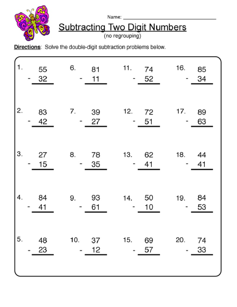 Subtraction worksheets butterfly