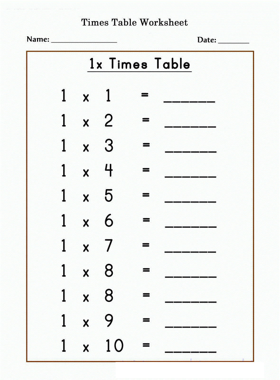 Times tables worksheets 1x times table