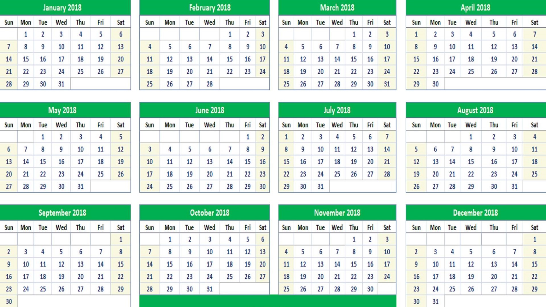 2018 Blank Yearly Calendar Excel