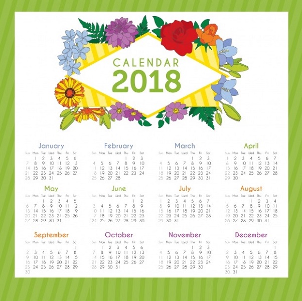 2018 Blank Yearly Calendar Floral