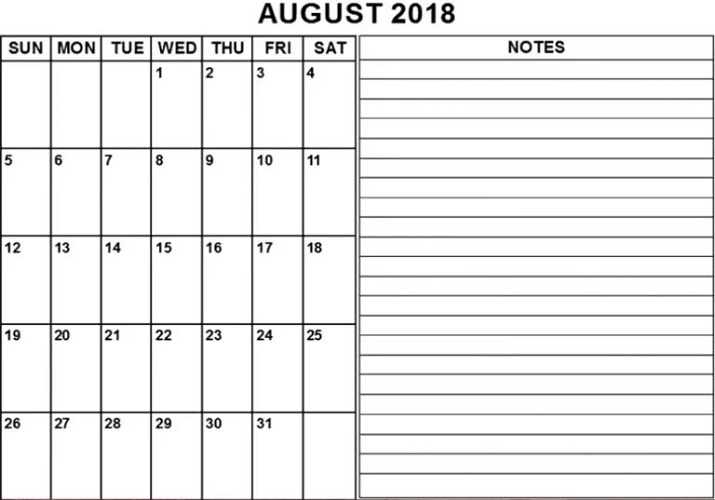 2018 Calendar Fillable August With Notes