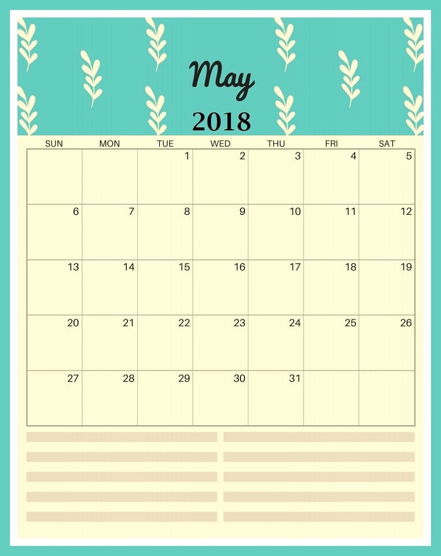 2018 Calendar Fillable Blank May