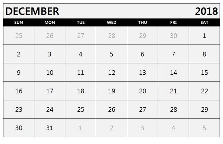 2018 Calendar Fillable December