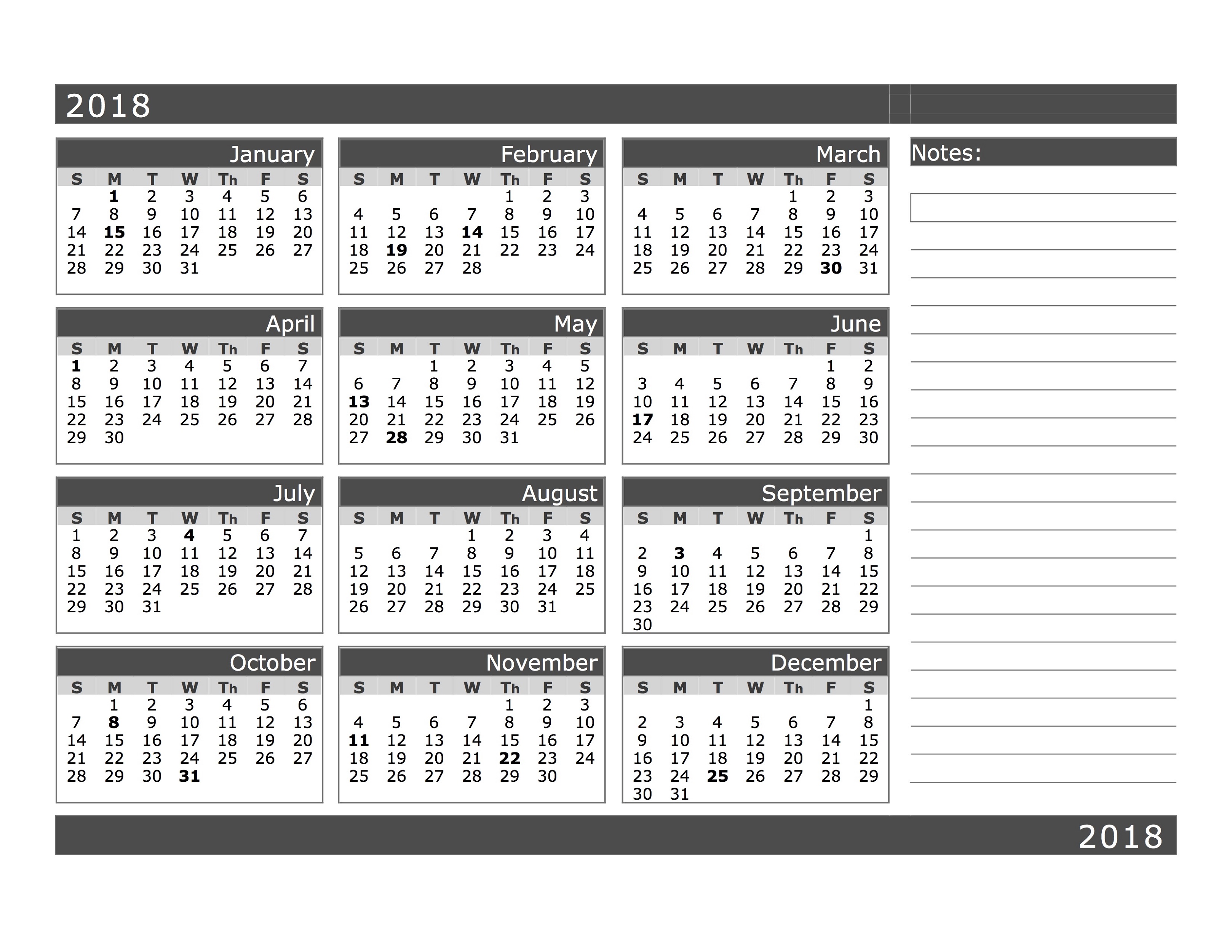 2018 Calendar Pdf One Page