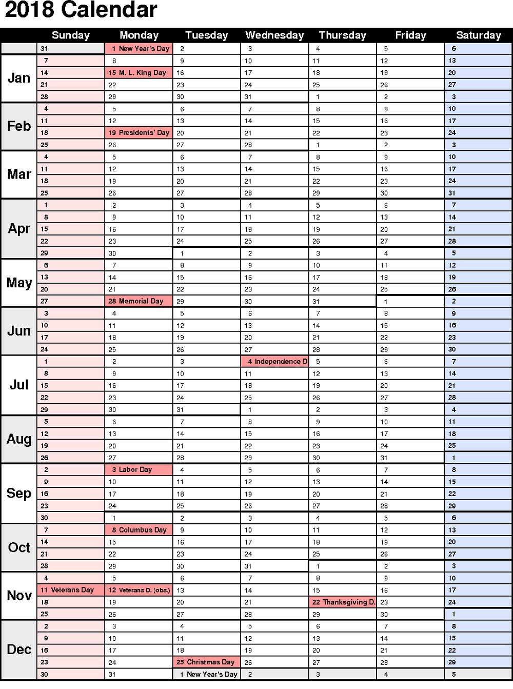 2018 Calendar Planner Printable Weekly