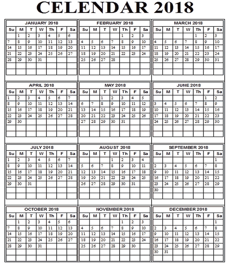 2018 Calendar Printable One Page 12 Months