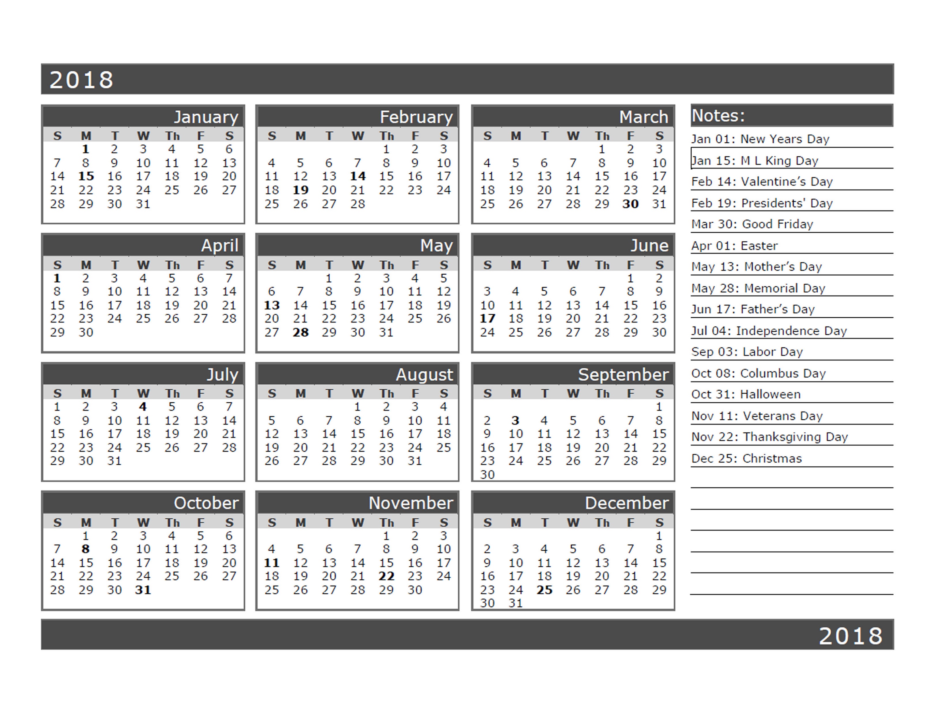 2018 Calendar Printable One Page Free