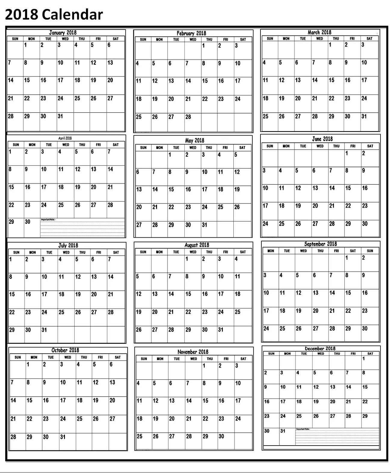 2018 Calendar Printable One Page Vertical