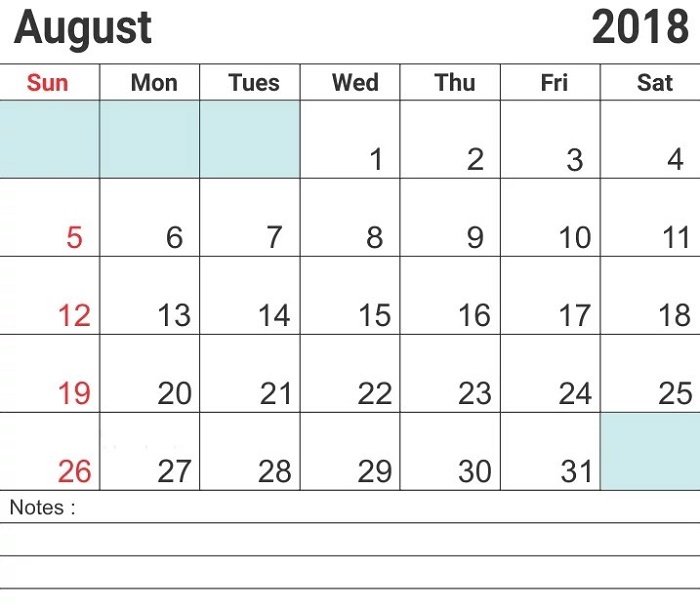 2018 Calendar Printable Word August