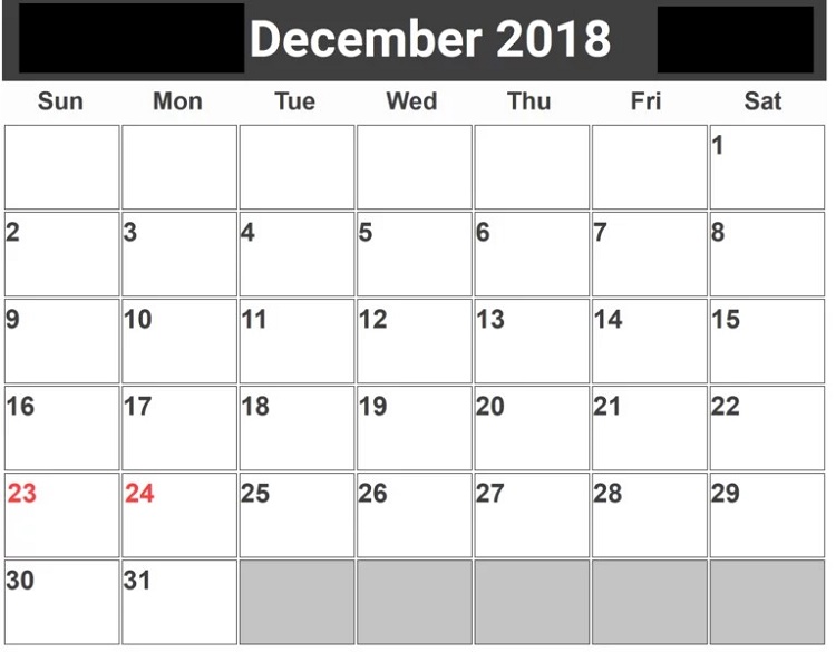 2018 Calendar Printable Word December For Office