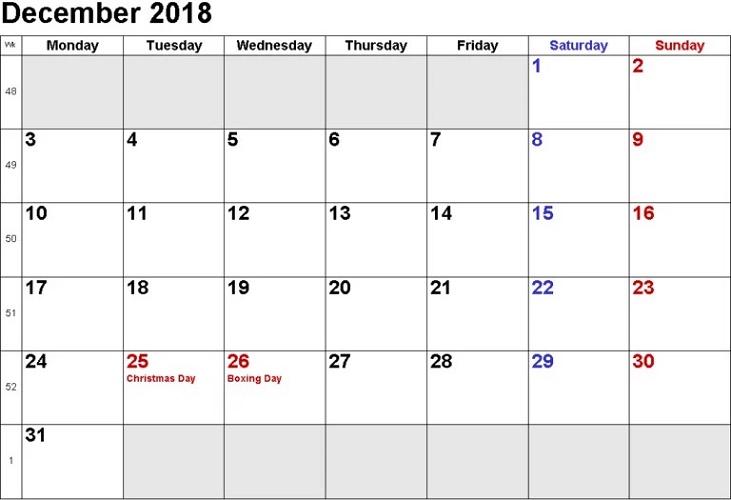 2018 Calendar Printable Word December With Holidays