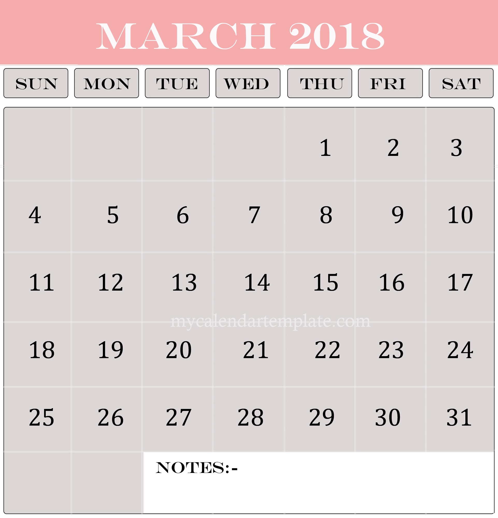 2018 Calendar Printable Word March