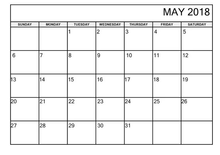 2018 Calendar Printable Word May
