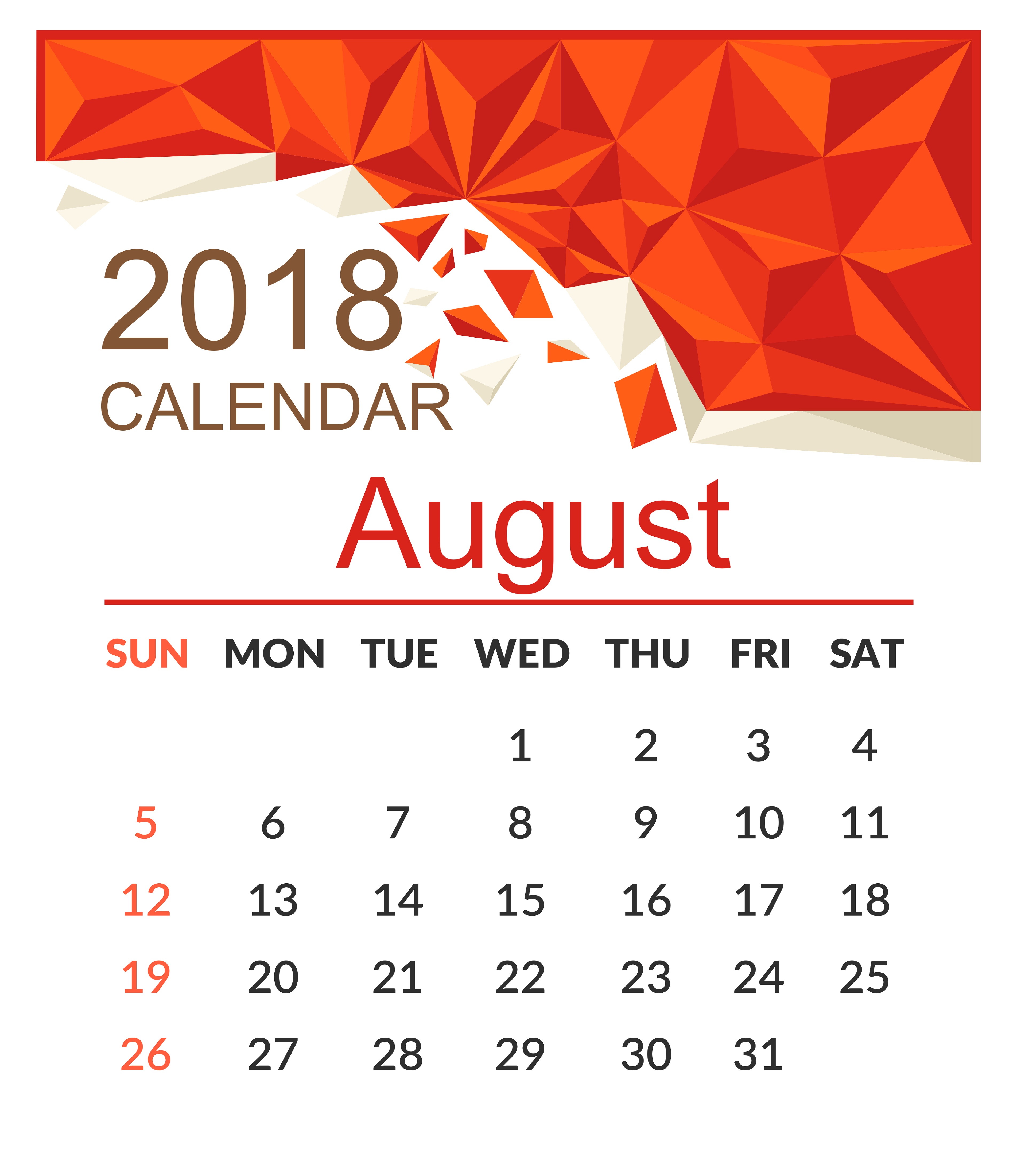 2018 Calendar Template August