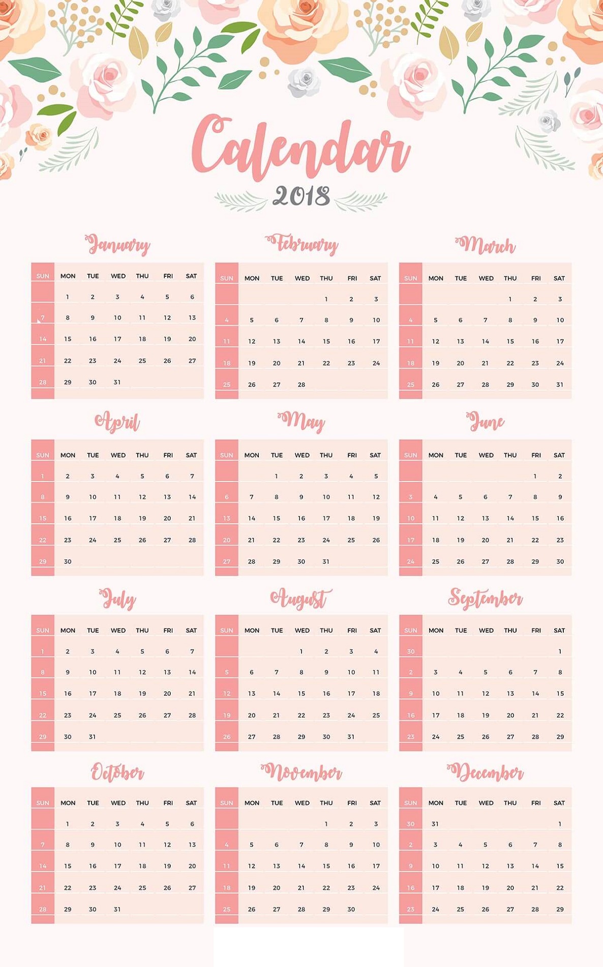 2018 Calendar Template Cute