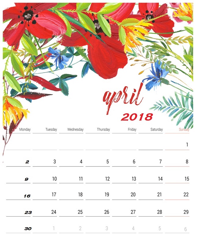 2018 Calendar Template Pdf Monthly April