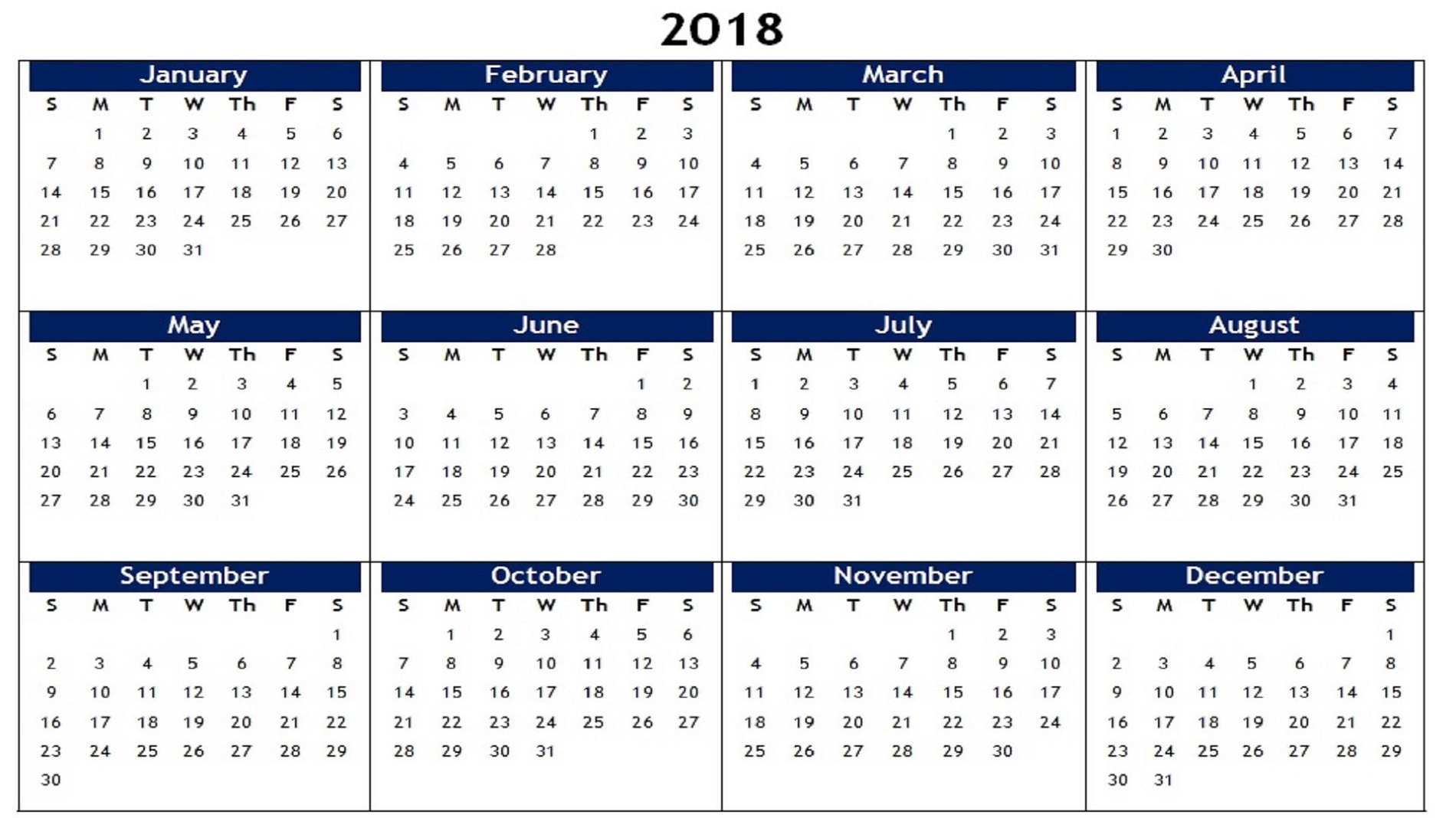 2018 Calendar Template Printable