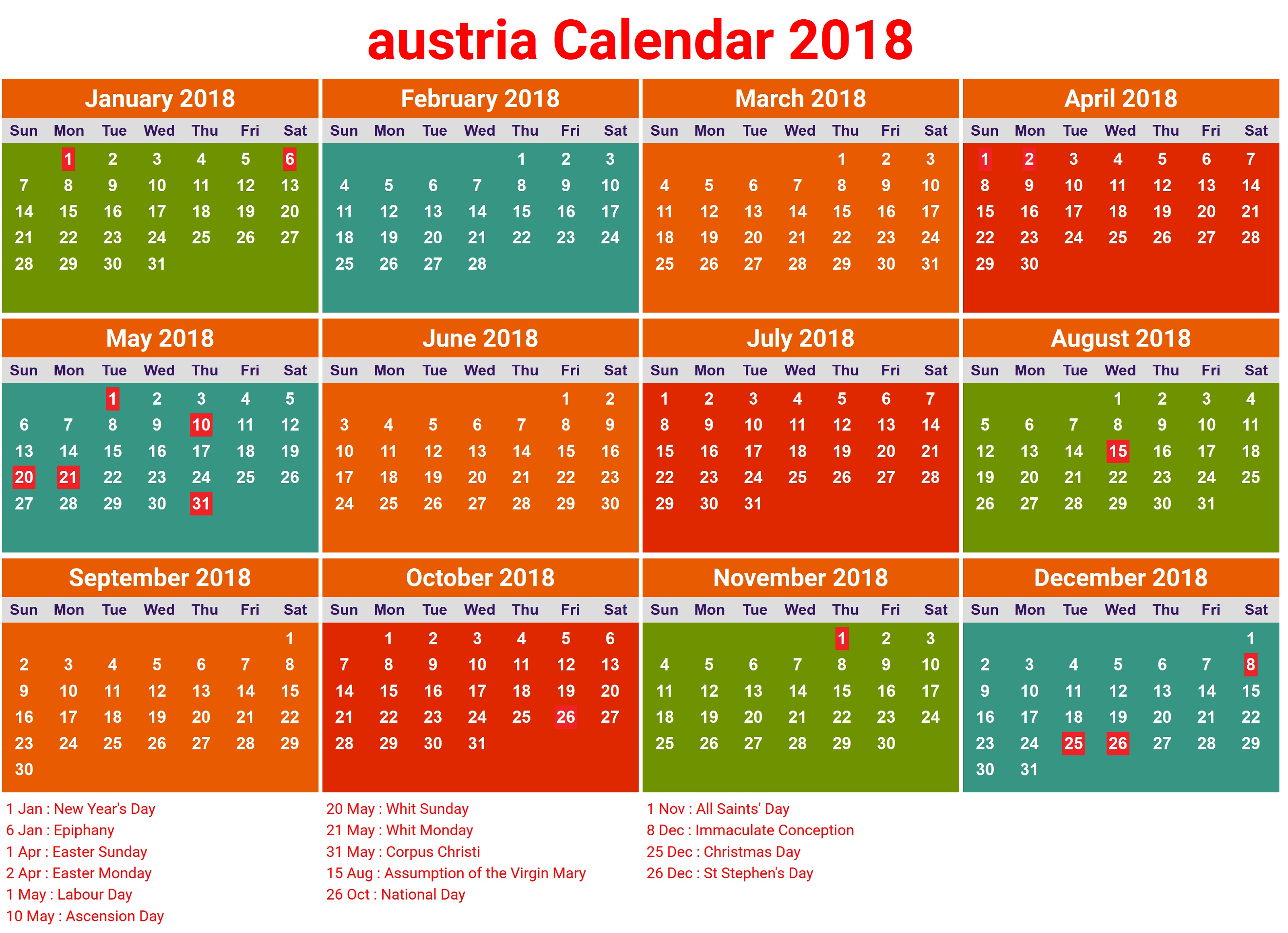 2018 Calendar With Holidays Printable Austria