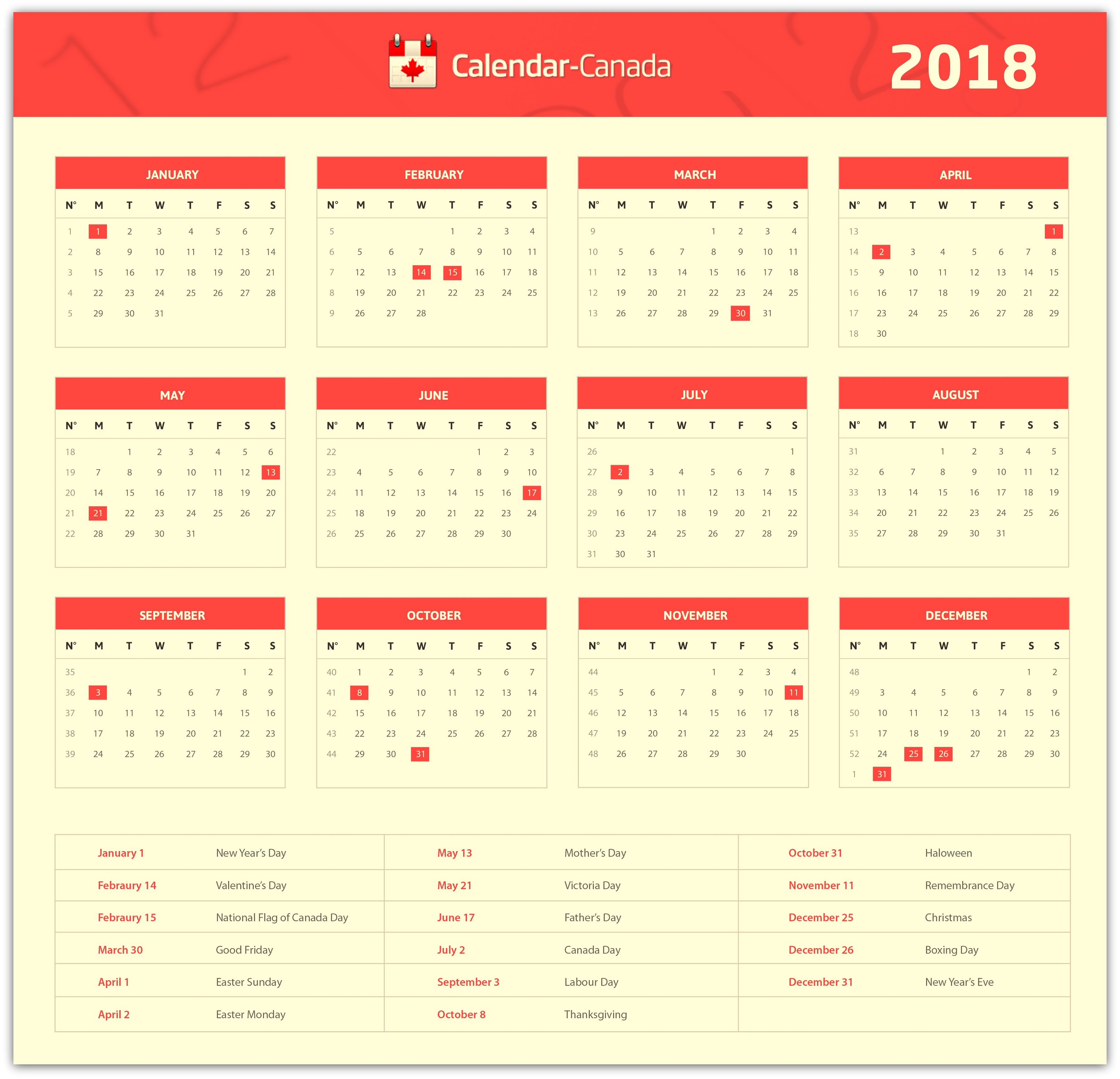 2018 Calendar With Holidays Printable Canada