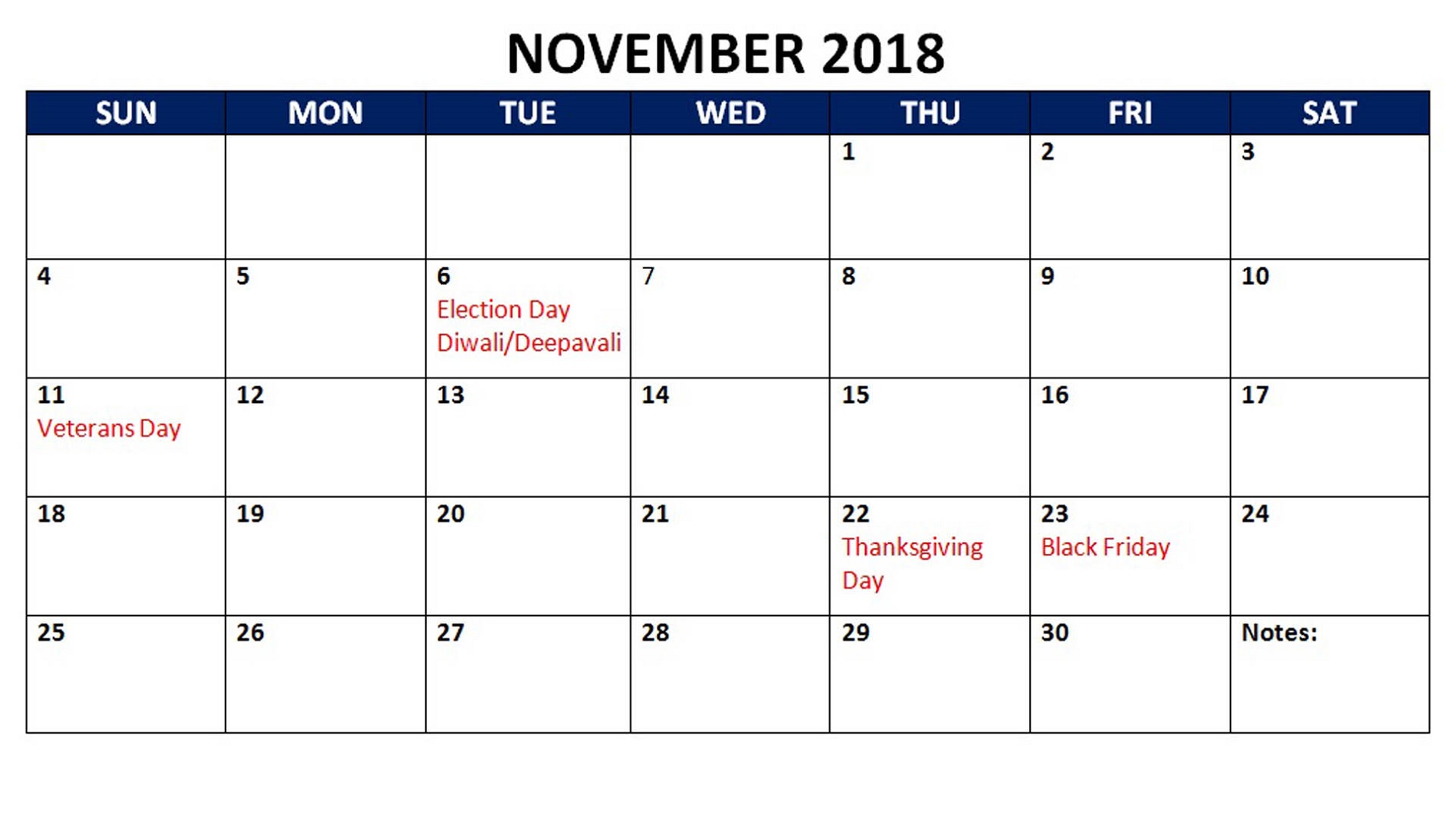 2018 Calendar With Holidays Printable November