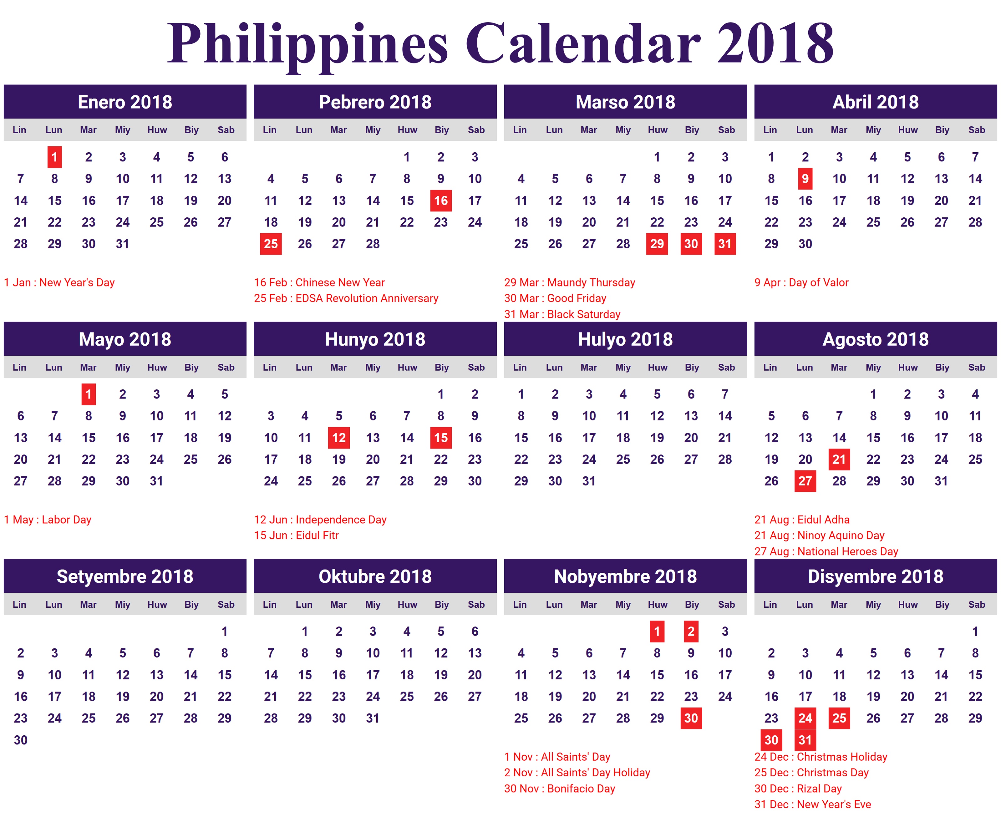 2018 Calendar With Holidays Printable Philippines