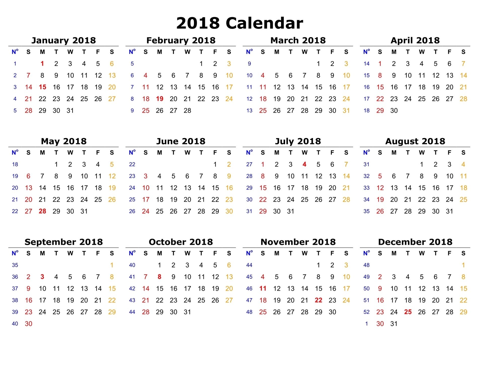 2018 Calendar With Week Numbers Excel Printable
