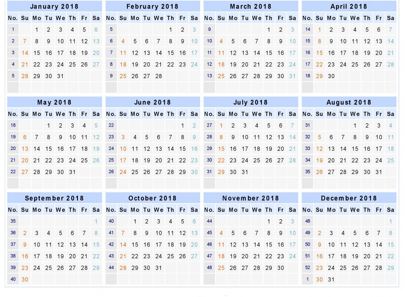 2018 Calendar With Week Numbers Excel Template