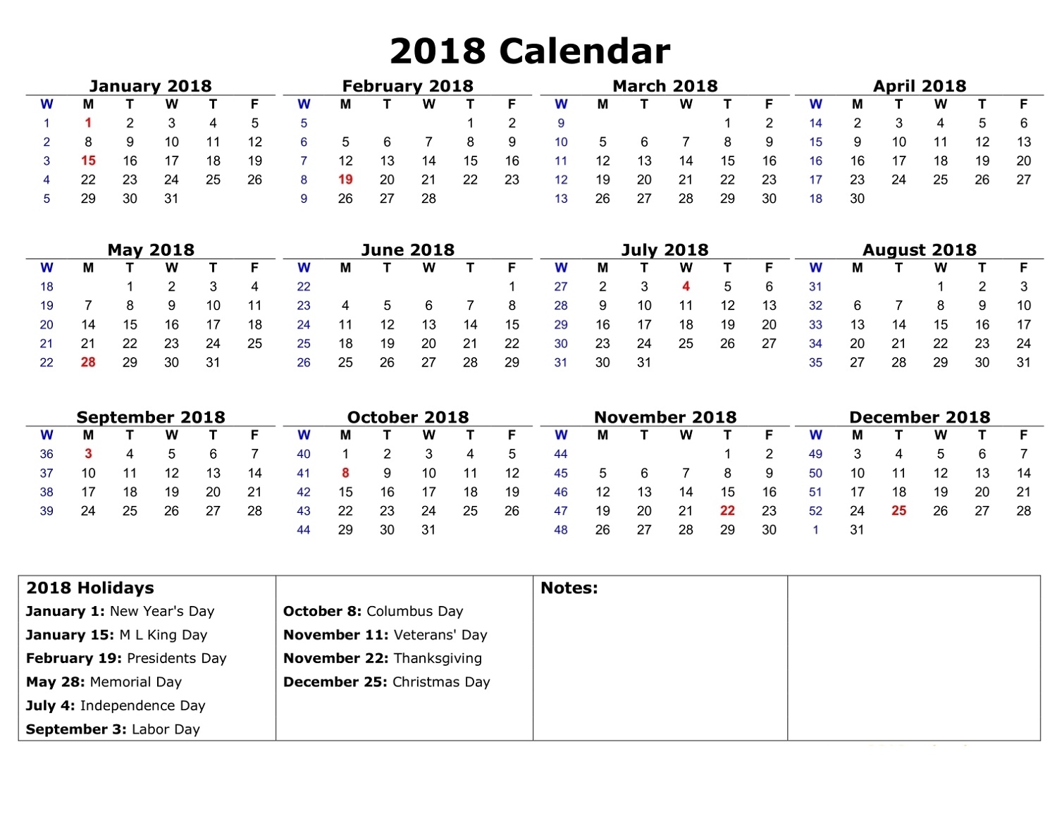 2018 Calendar With Week Numbers Excel Yearly