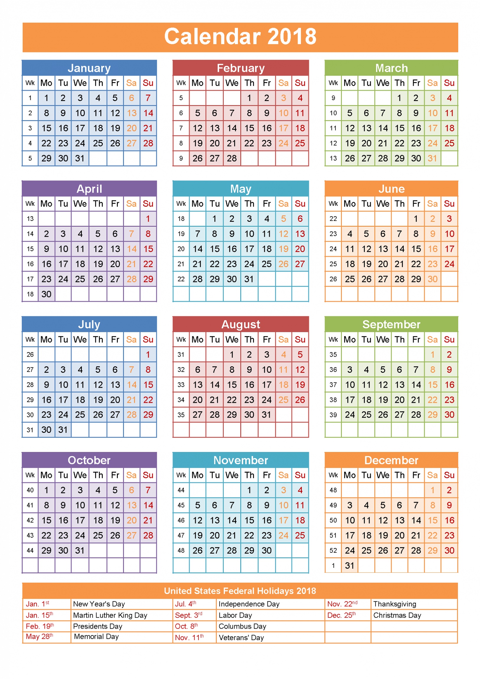 2018 Calendar With Week Numbers Monday Start