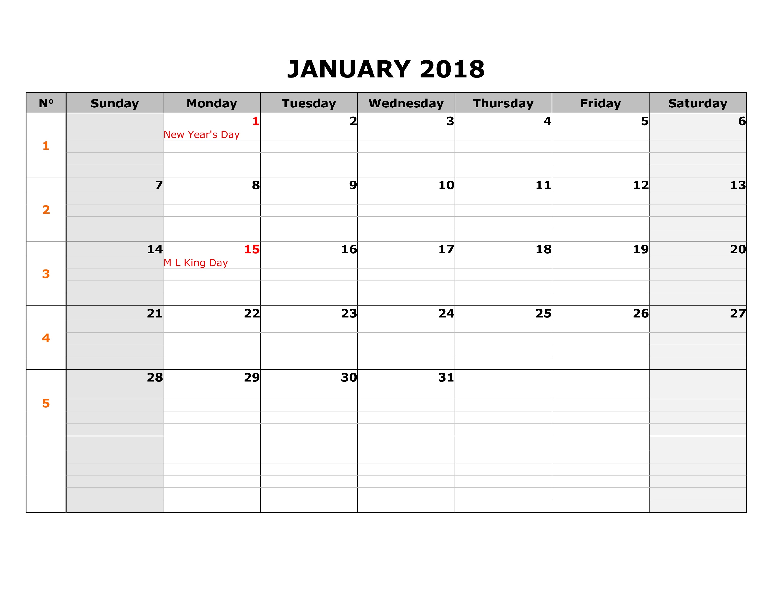 2018 Calendar With Week Numbers Printable January
