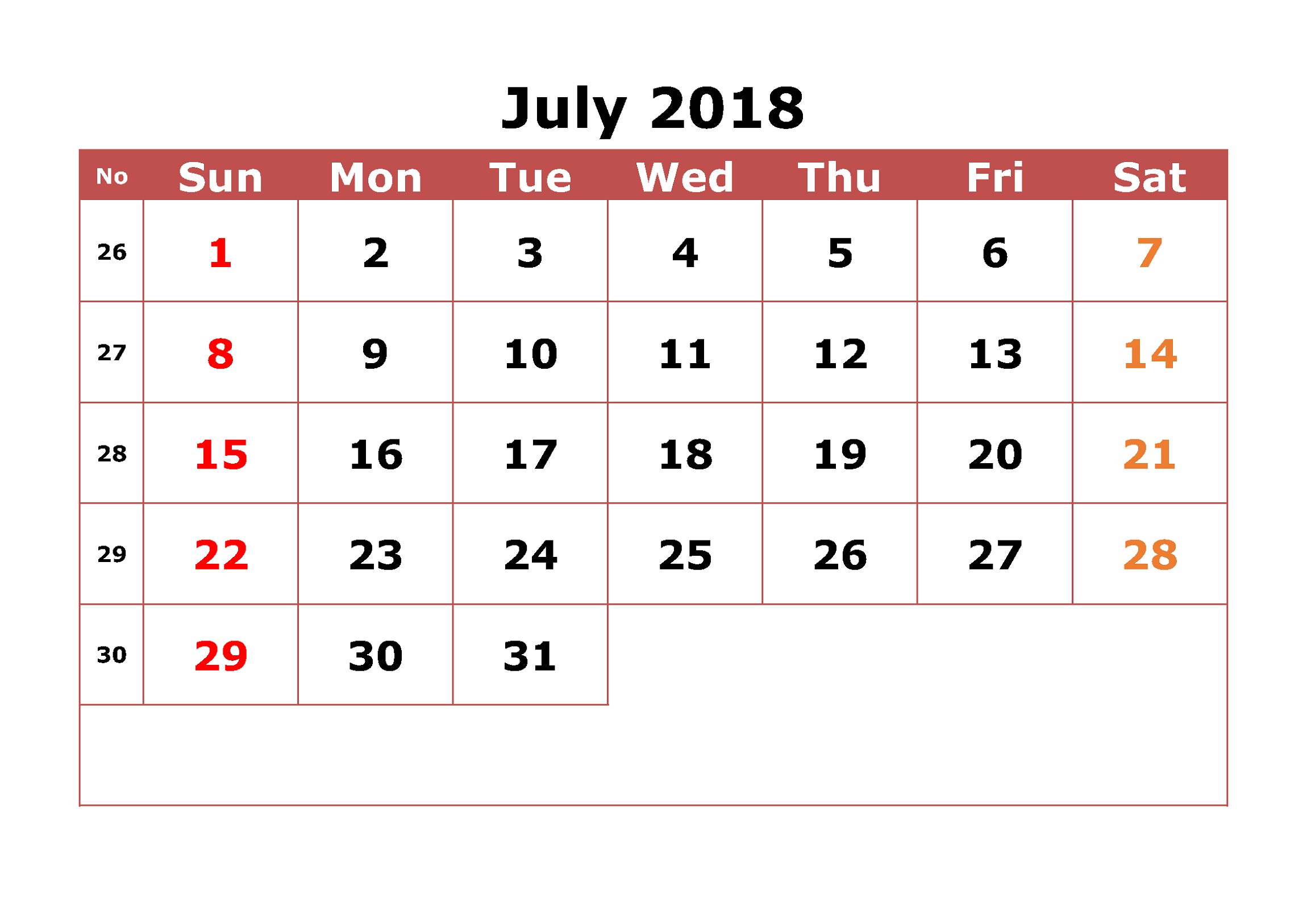 2018 Calendar With Week Numbers Printable July