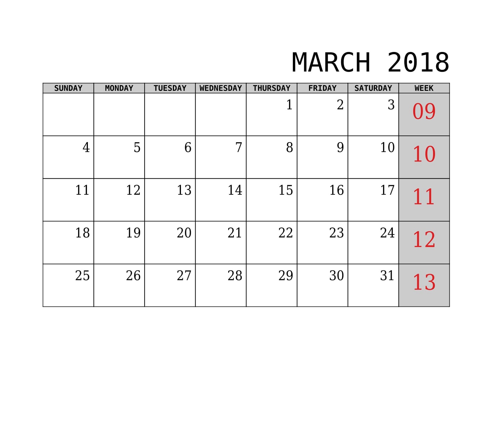 2018 Calendar With Week Numbers Printable March