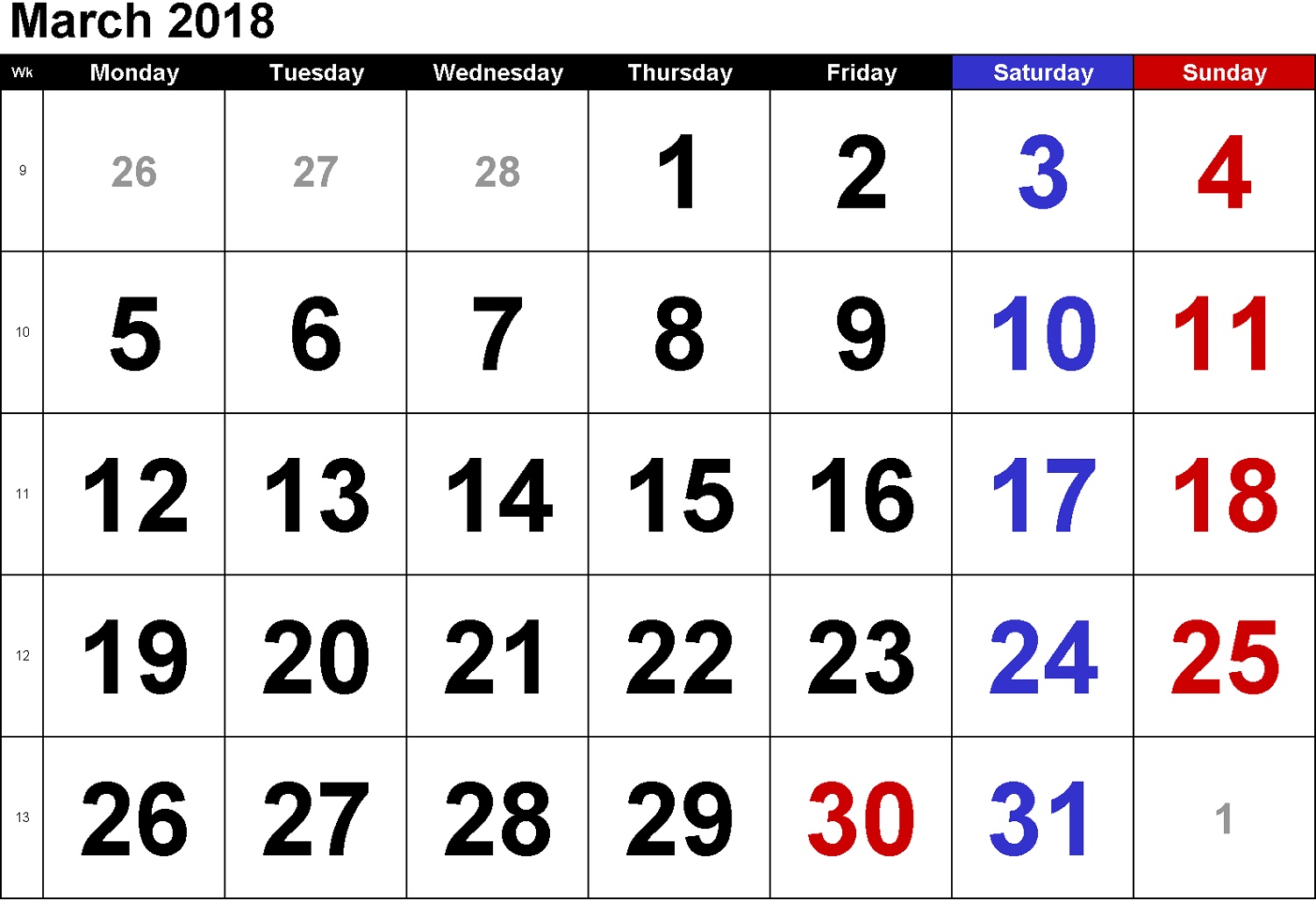 2018 Calendar With Week Numbers Printable Monthly