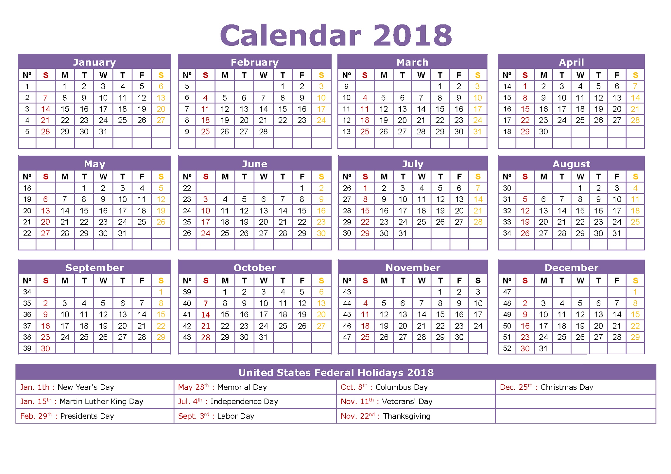2018 Calendar With Week Numbers Printable Yearly