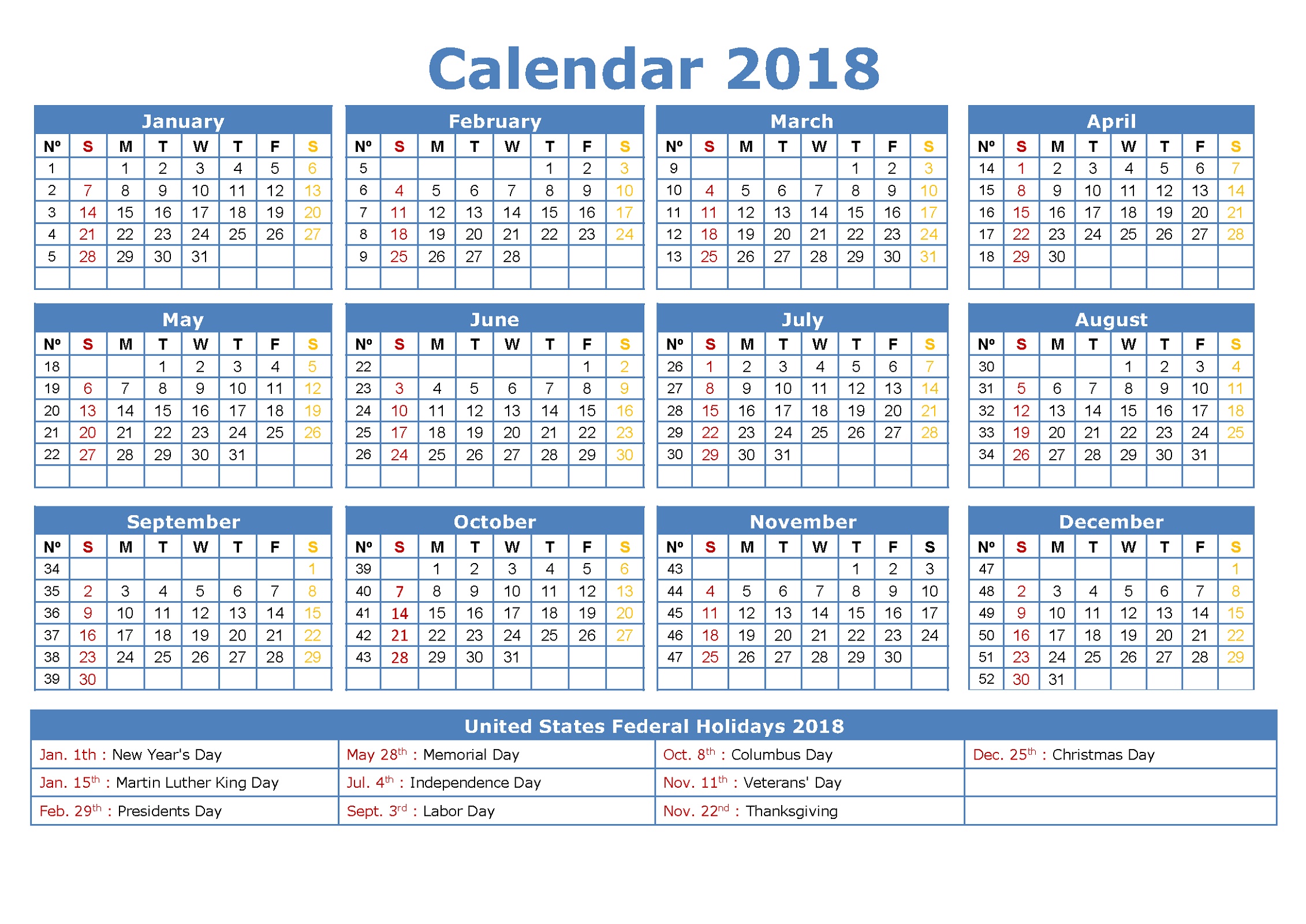2018 Calendar With Week Numbers and Holidays