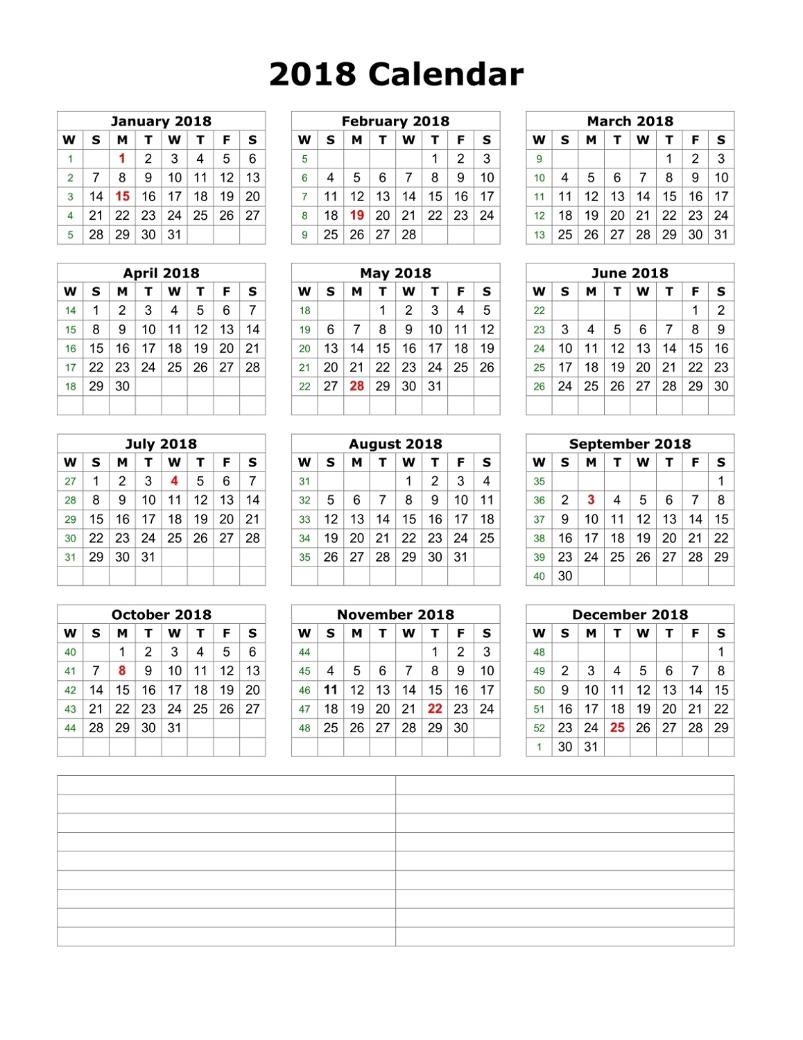 2018 Calendar With Week Numbers with Notes