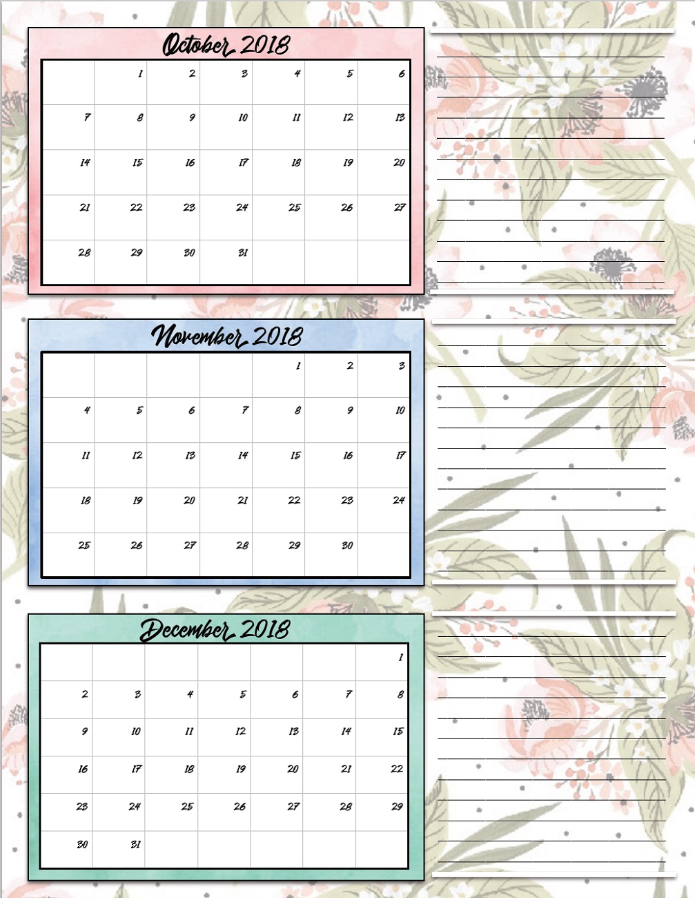 3 Months Calendar 2018 Printable 4th