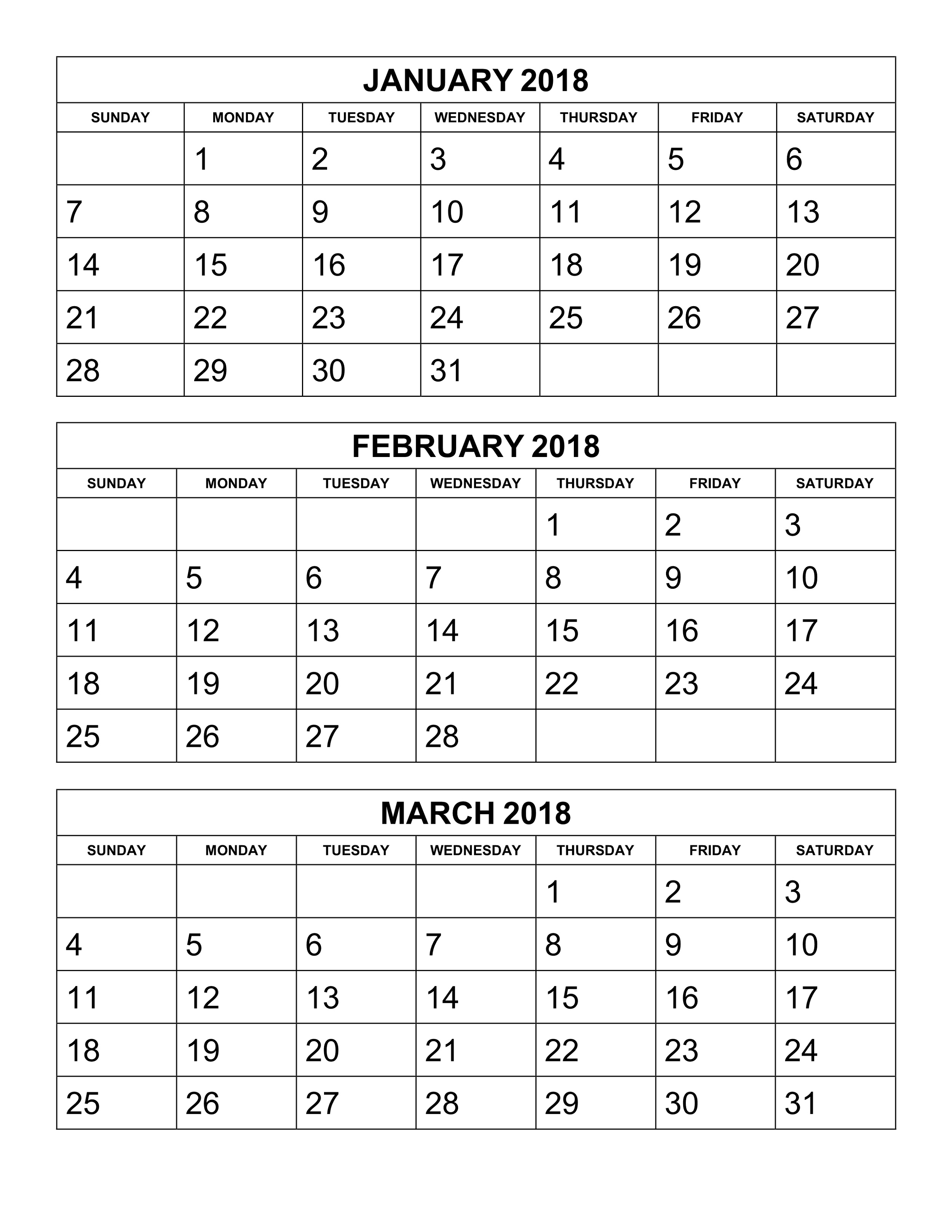 3 Months Calendar 2018 Printable Per Page