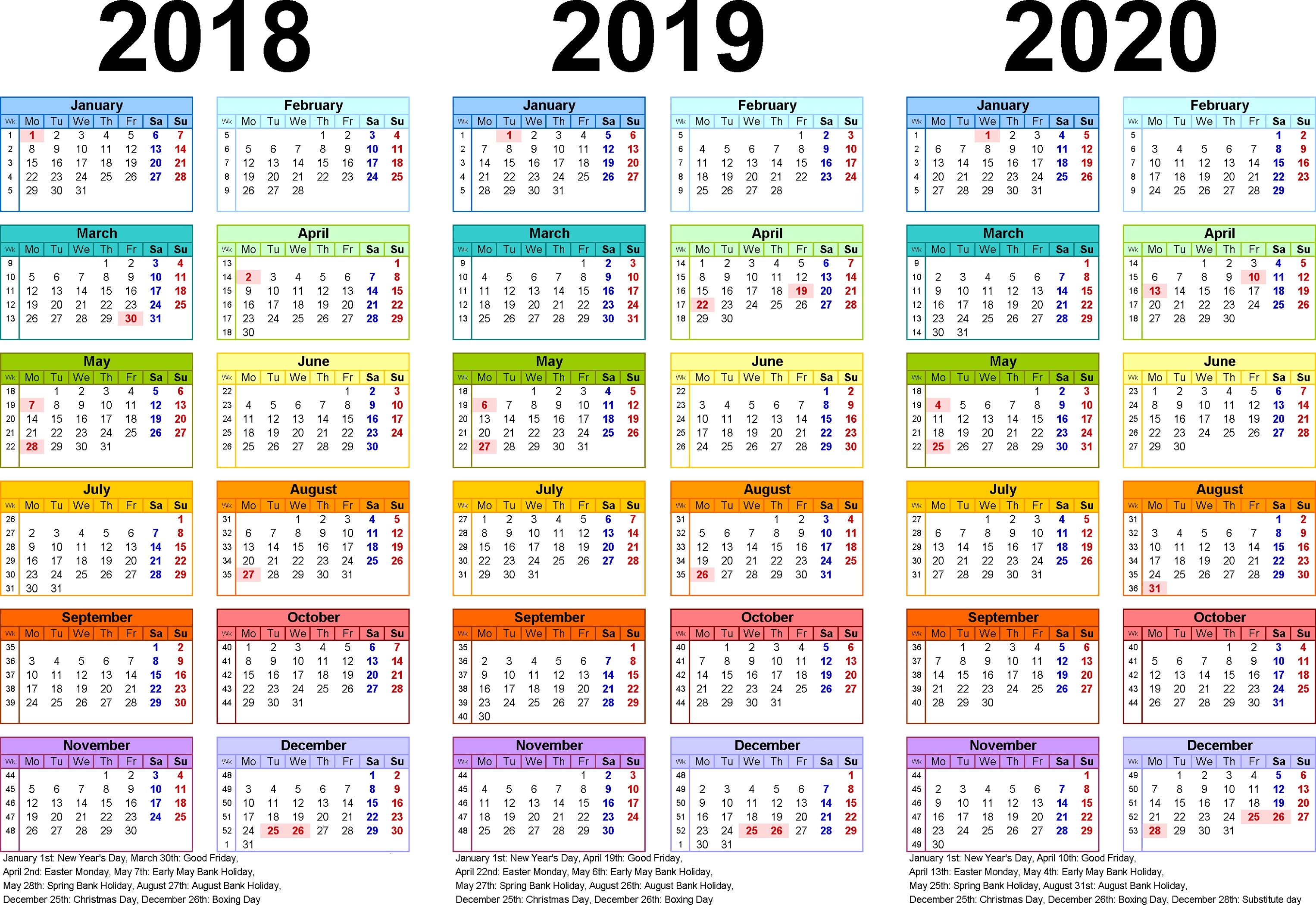 3 Years Calendar Printable 2018 2019 2020