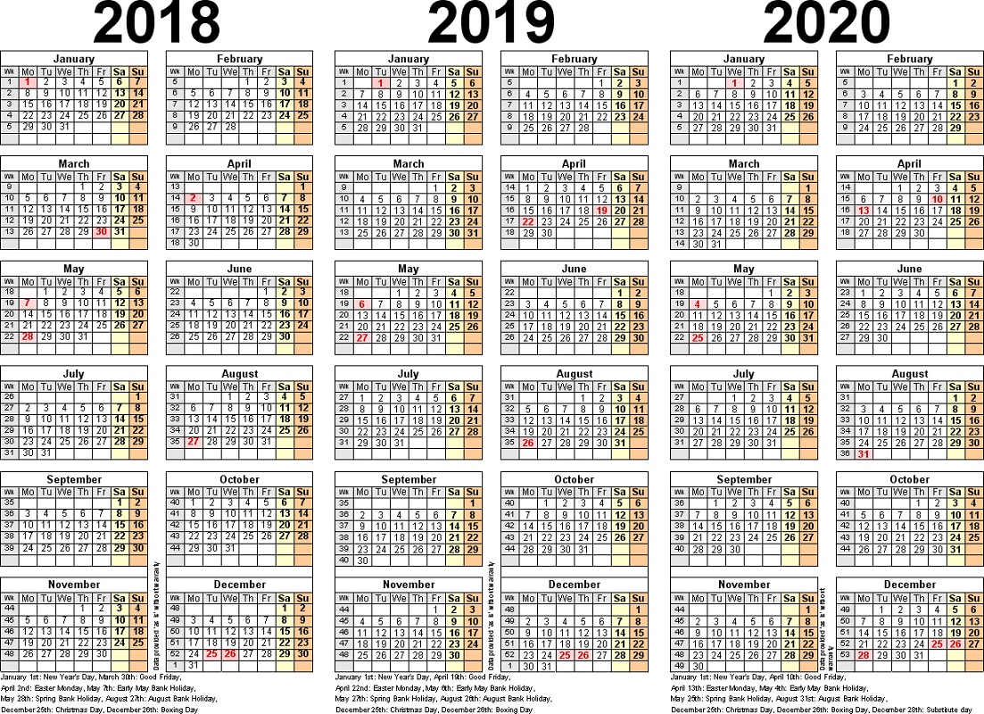 3 Years Calendar Printable 2018