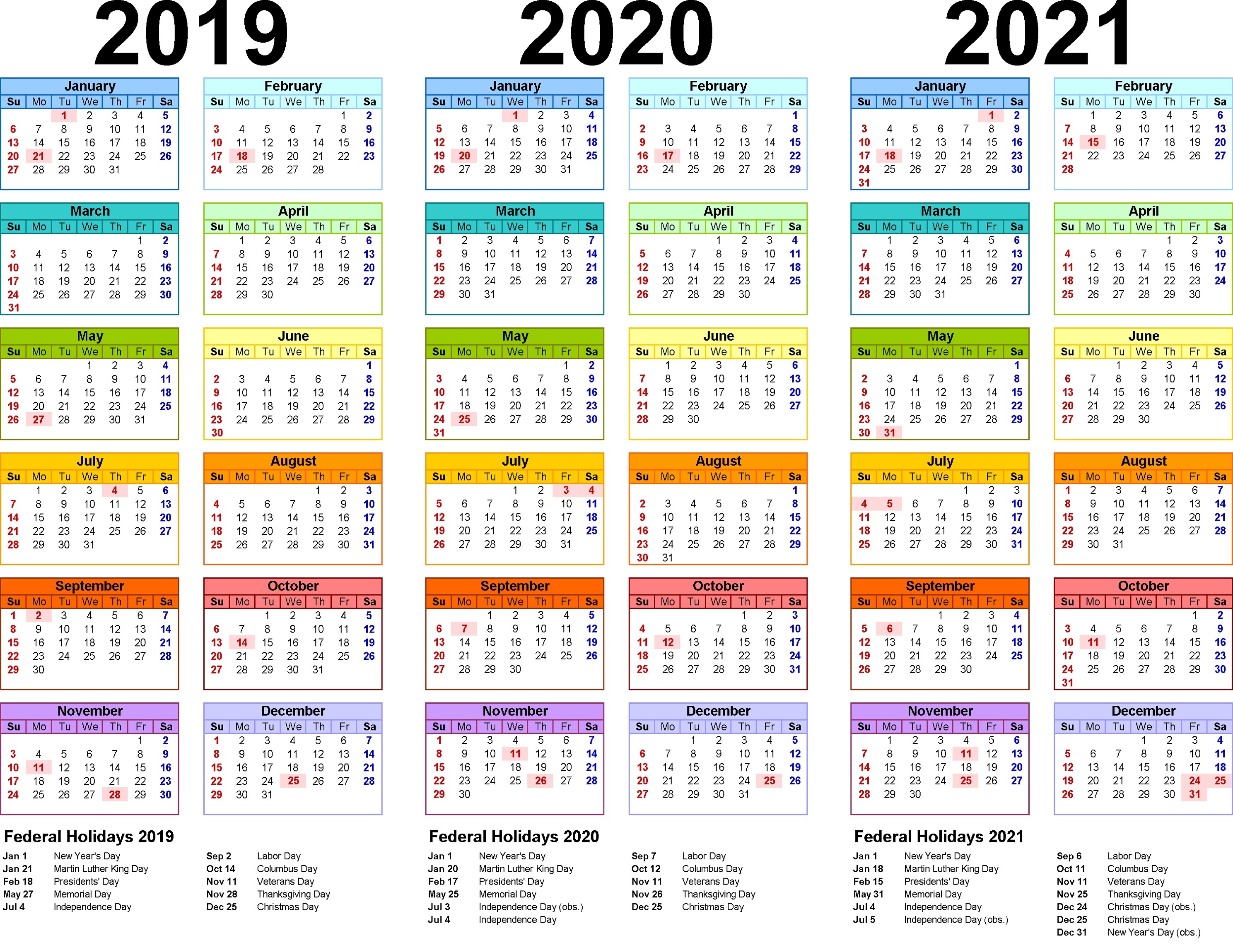 3 Years Calendar Printable 2019 2020 2021