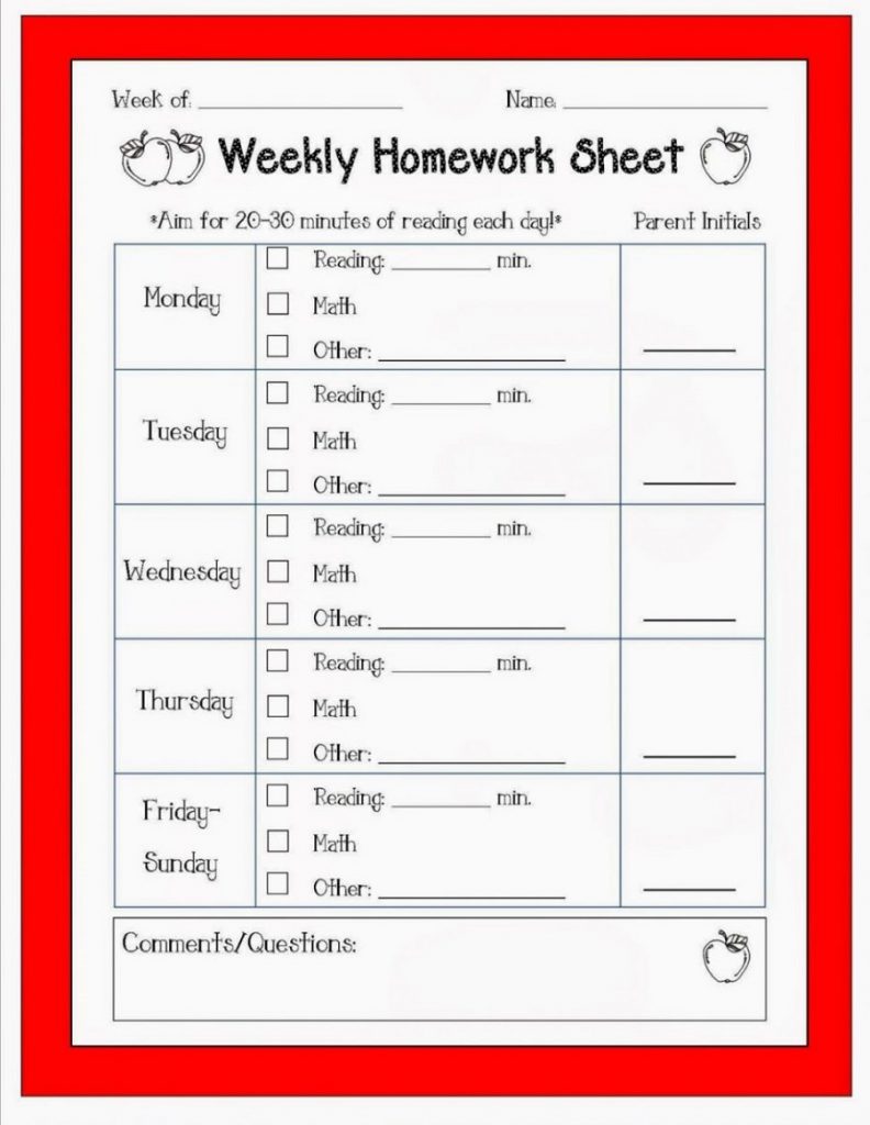 homework sheets for preschool